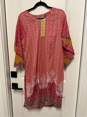 Pakistani Pink Printed Kurta Dress 3/4 Sleeve